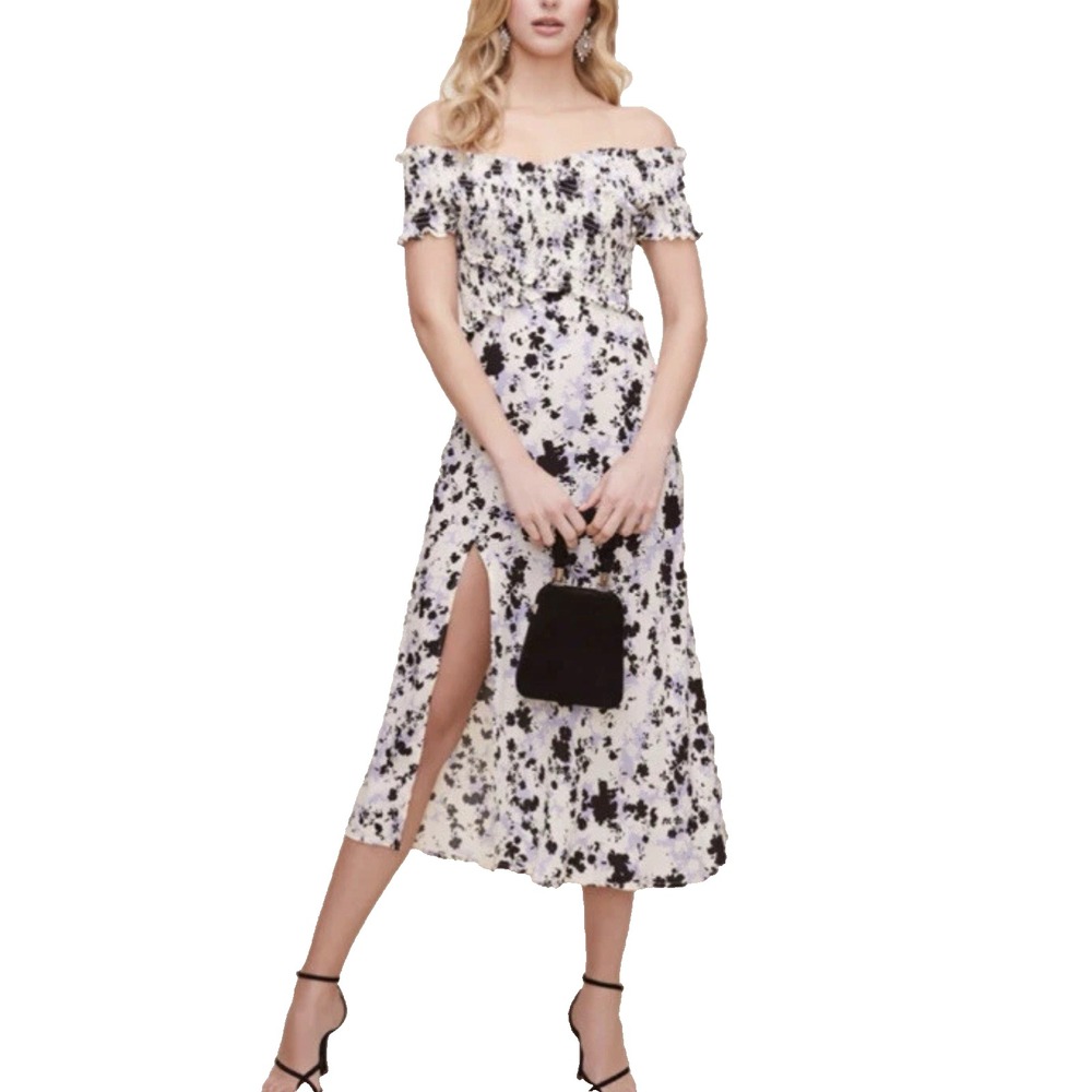 Astr Off-Shoulder Midi Dress in White and Black Floral
